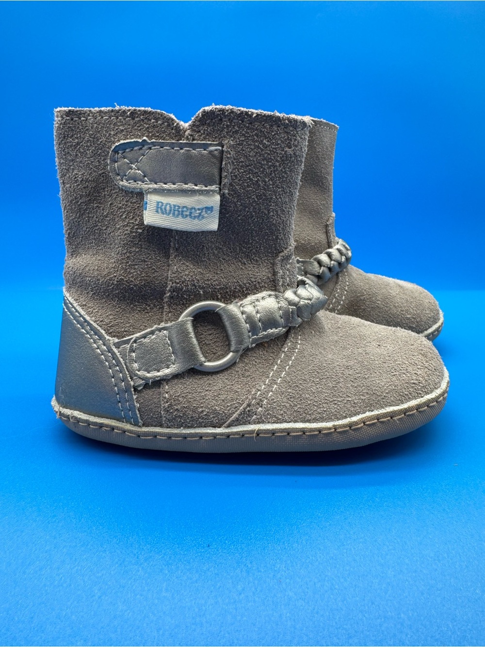 Robeez First Kicks Gray Leather Suede Boot Zipper Buckle Soft Sole Infant/Baby 3